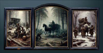 the classic tukastan tryptichon "in the forest" by the painter Ulan Grezdek